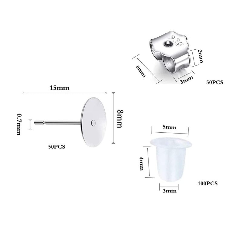 Moonear 150 PCS 925 Sterling Silver Plated Earrings Posts Flat Pad Hypoallergenic Earring Posts and Backs Earring Studs Blanks for Jewelry Making Findings(8MM) - Image 2